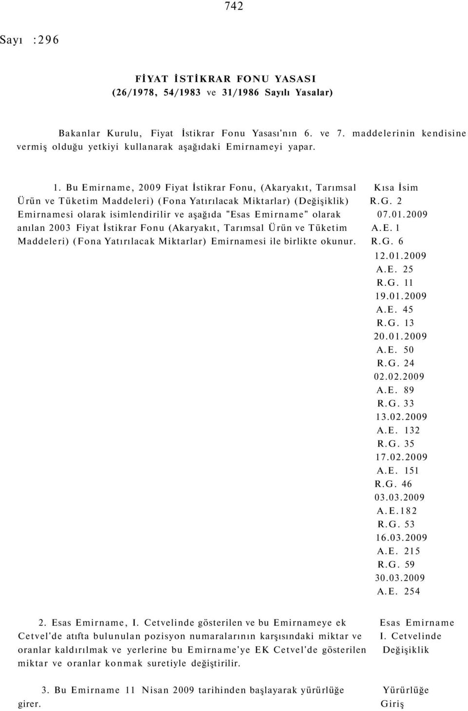 Bu Emirname, 2009 Fiyat İstikrar Fonu, (Akaryakıt, Tarımsal Kısa İsim Ürün ve Tüketim Maddeleri) (Fona Yatırılacak Miktarlar) (Değişiklik) R.G.