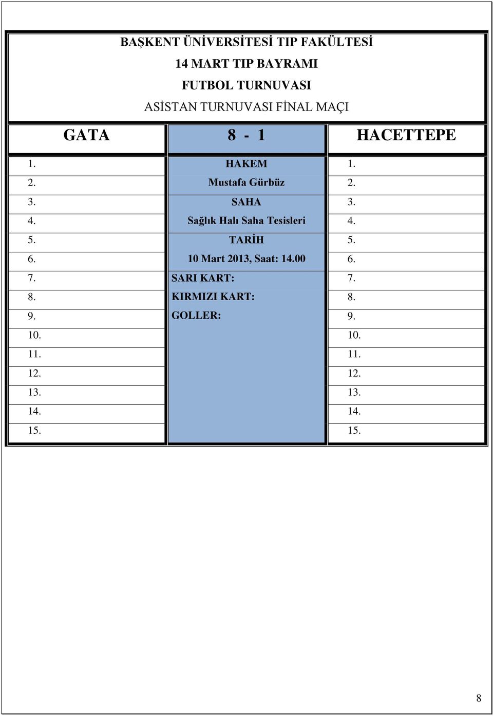 Sağlık Halı Saha Tesisleri 4. 5. TARİH 5. 6. 10 Mart 2013, Saat: 14.00 6. 7.