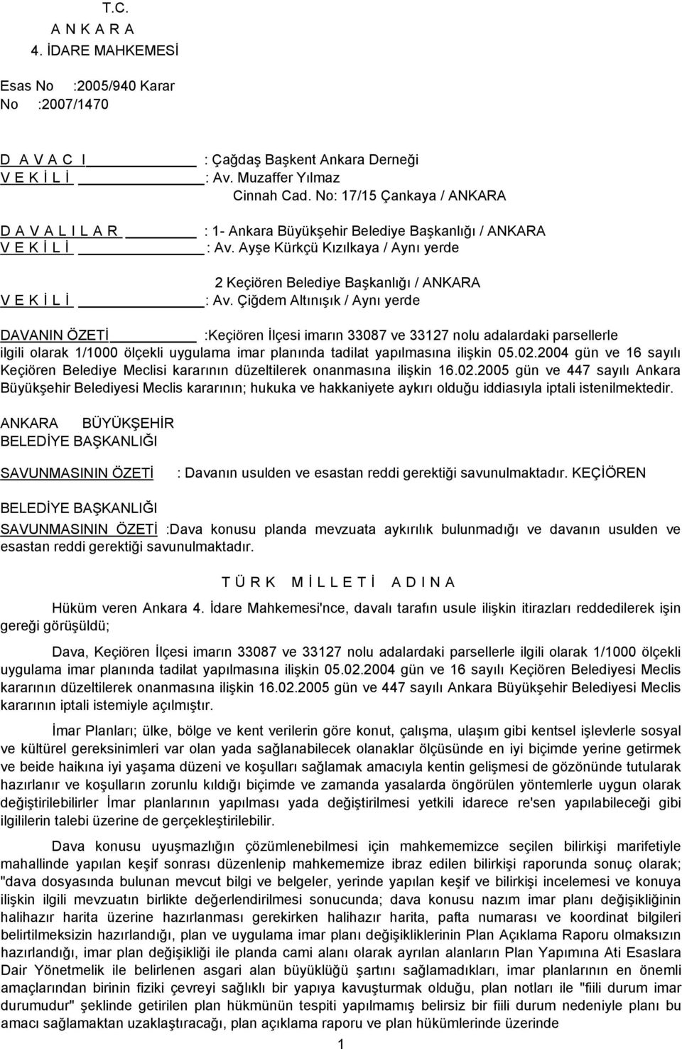 Çiğdem Altınışık / Aynı yerde DAVANIN ÖZETİ :Keçiören İlçesi imarın 33087 ve 33127 nolu adalardaki parsellerle ilgili olarak 1/1000 ölçekli uygulama imar planında tadilat yapılmasına ilişkin 05.02.