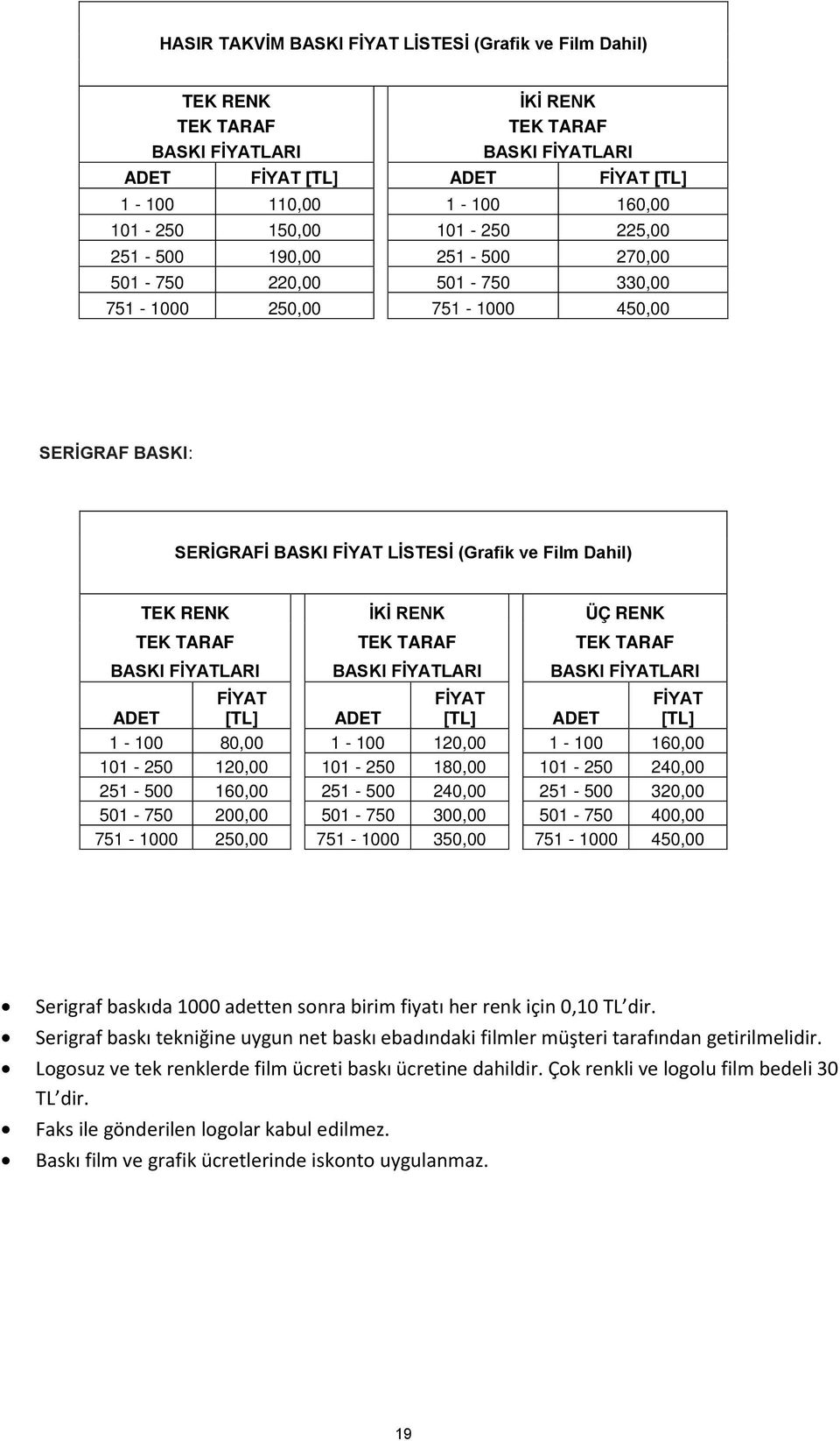 RENK TEK TARAF TEK TARAF TEK TARAF BASKI FİYATLARI BASKI FİYATLARI BASKI FİYATLARI ADET FİYAT [TL] ADET FİYAT [TL] ADET FİYAT [TL] 1-100 80,00 1-100 120,00 1-100 160,00 101-250 120,00 101-250 180,00