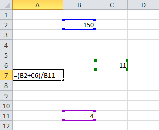 Hesaplama işlemlerinde matematikteki parantez ve işlem öncelikleri kurallarına uyulmaktadır. Örnek 2: Resim 4 te örnek bir işlem gösterilmiştir. A7 hücresine =(B2+C6)/B11 formülü yazılmıştır.