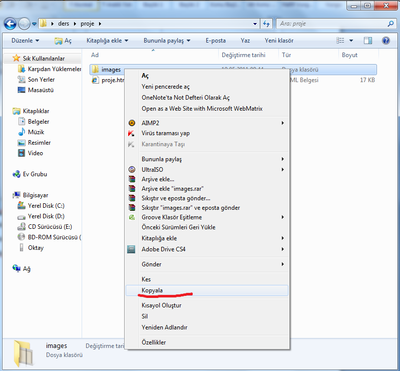 Bu Ģekilde image klasörümüzü kopyalıyoruz.