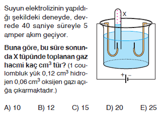 Soru: Şekildeki elektroliz kabında K kabında 20 cm 3 gaz birikmektedir. Buna göre L kabında biriken gazın cinsi nedir ve hacmi ne kadardır?