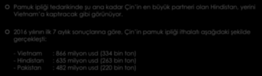 Vietnam, Çin in en büyük pamuk ipliği tedarikçisi oldu Pamuk ipliği tedarikinde şu ana kadar Çin in en büyük partneri olan Hindistan, yerini Vietnam a kaptıracak gibi görünüyor.