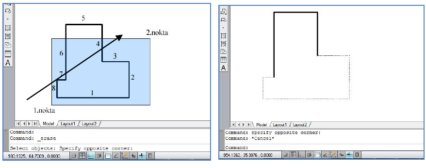 12 Şekil 9. Farklı imleç görüntüleri Objeler seçme kutusu (pick box) yardımıyla tek tek seçilebileceği gibi çizim alanında pencere açarak da seçilebilir.