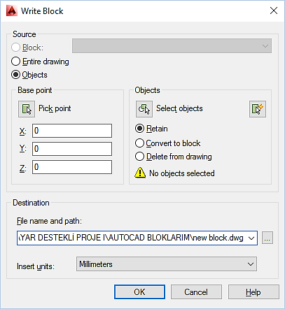 Bilgisayar Destekli Tasarım 67 Komut yazıldıktan sonra ekrana gelen diyalog kutusunda Source diske kaydedilecek olan nesneler belirlenir. Block çizimdeki bir bloğu diske kaydeder.