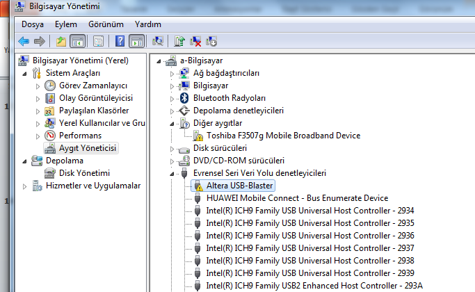 Driver sorunu varsa driver yükleme işlemi için aygıt yöneticisini açın. Altera usb!