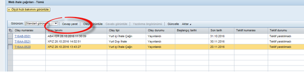 Şekil 2 - İhale Çağrıları ve Canlı İhaleler Ekranı Sorgunun ardından ihale çağrıları listelenir.