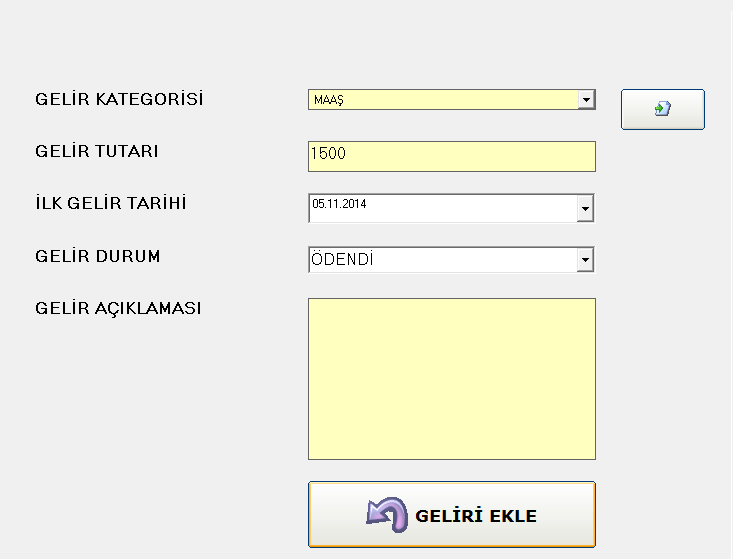 4. Butonuna tıklayarak yeni bir gelir ekleyebilirsiniz.