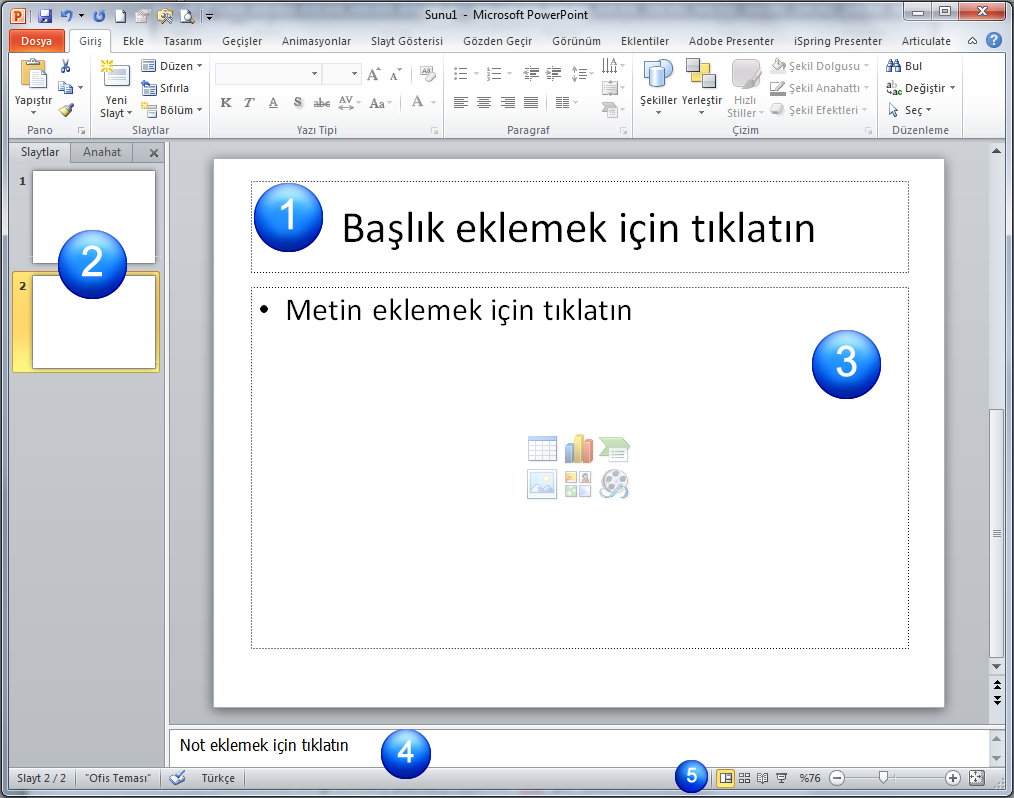 TEMEL BİLGİ TEKNOLOJİSİ KULLANIMI DERSİ SUNUM MODÜLÜ 7 1. Slayt Bölmesi: Slayt Tasarımını gerçekleştireceğimiz ve slayt üzerinde çalışma yapacağımız kısım burasıdır. 2.