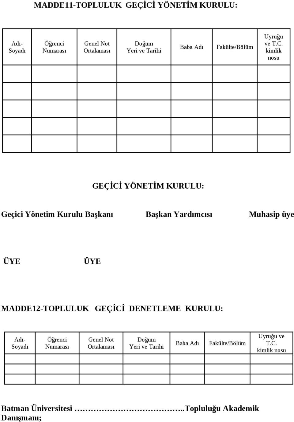 kimlik nosu GEÇİCİ YÖNETİM KURULU: Geçici Yönetim Kurulu Başkanı Başkan Yardımcısı Muhasip üye ÜYE ÜYE