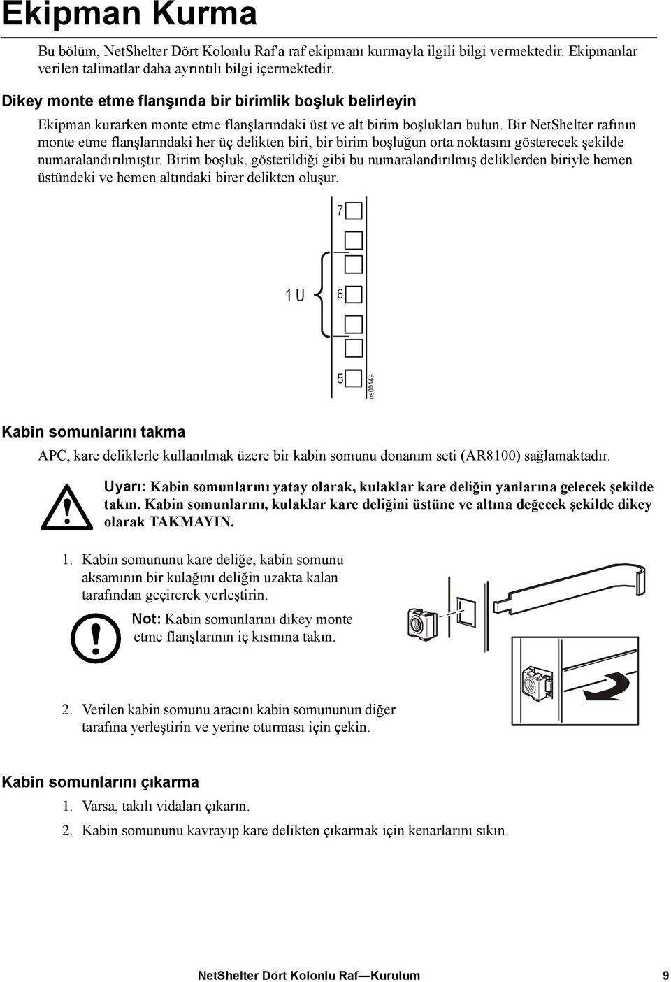 Bir NetShelter rafının monte etme flanşlarındaki her üç delikten biri, bir birim boşluğun orta noktasını gösterecek şekilde numaralandırılmıştır.