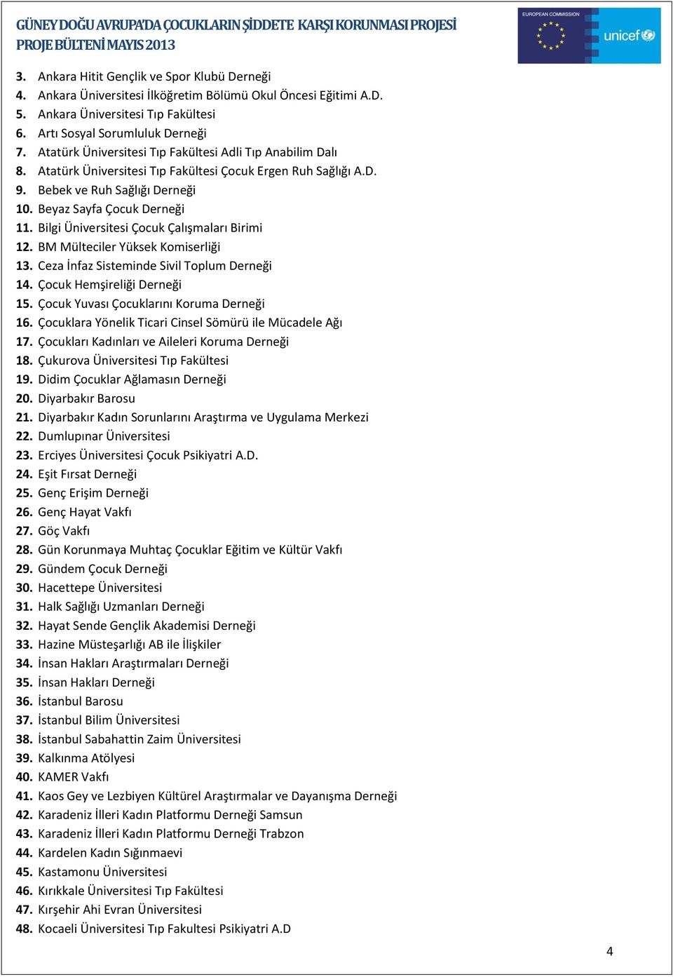 Bilgi Üniversitesi Çocuk Çalışmaları Birimi 12. BM Mülteciler Yüksek Komiserliği 13. Ceza İnfaz Sisteminde Sivil Toplum Derneği 14. Çocuk Hemşireliği Derneği 15.