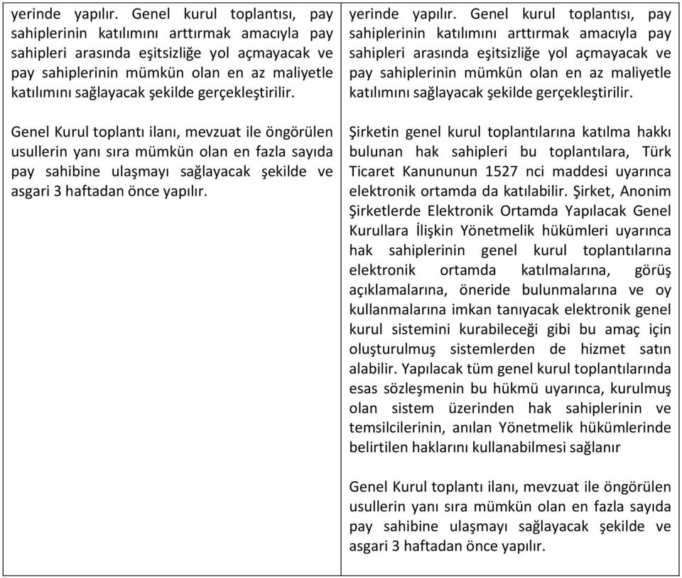 gerçekleştirilir. Genel Kurul toplantı ilanı, mevzuat ile öngörülen usullerin yanı sıra mümkün olan en fazla sayıda pay sahibine ulaşmayı sağlayacak şekilde ve asgari 3 haftadan önce yapılır.