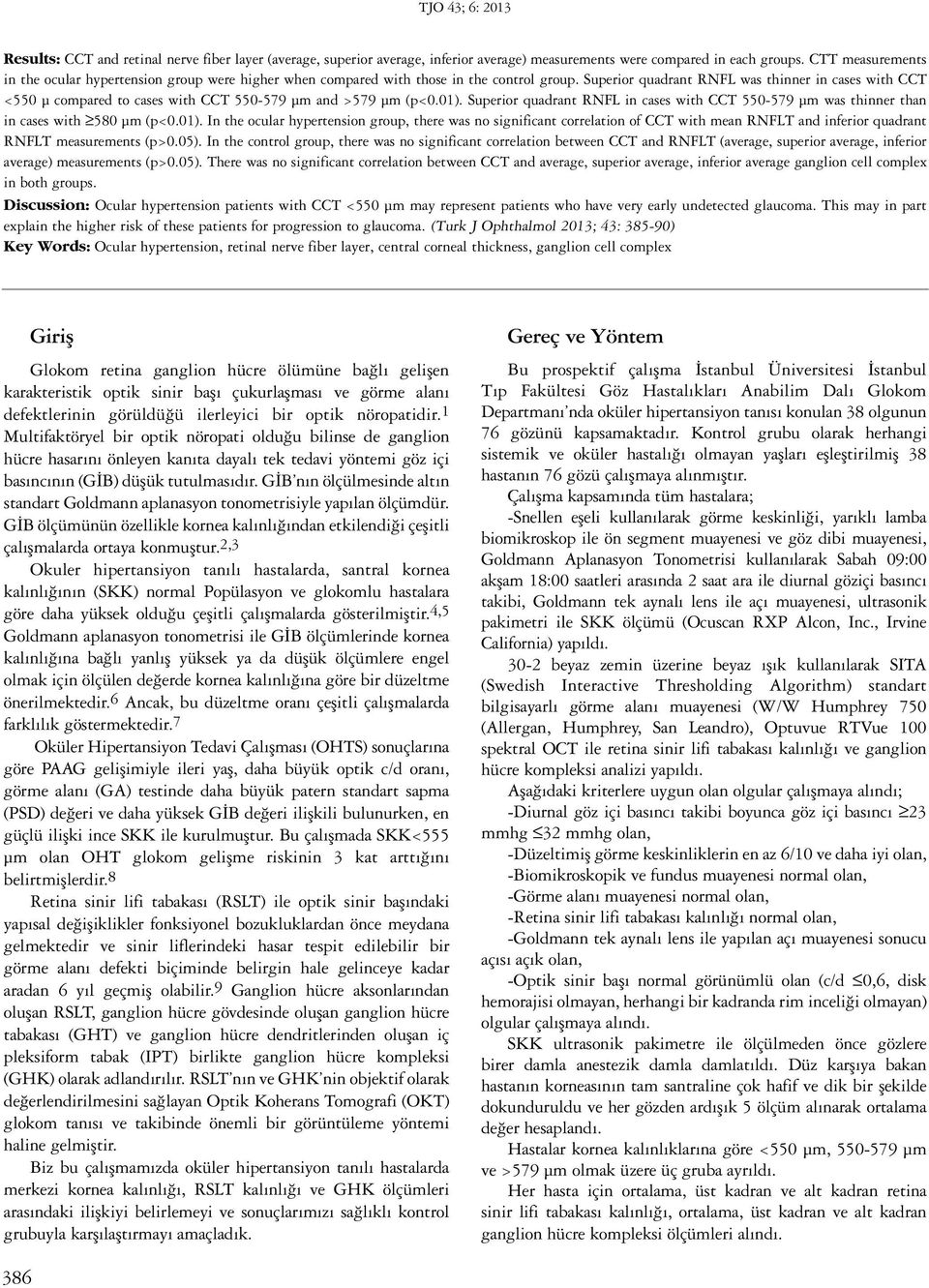 Superior quadrant RNFL was thinner in cases with CCT <550 µ compared to cases with CCT 550-579 µm and >579 µm (p<0.01).