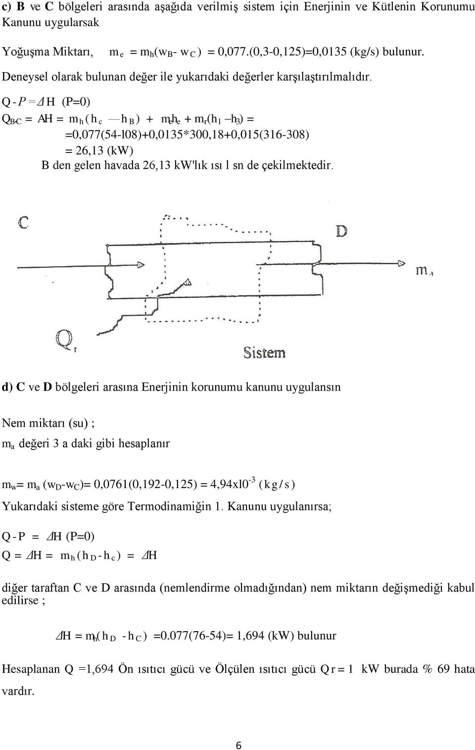 C = AH = m h (h c h B ) + m e h e + m r (h 1 h 3 ) = =0,077(54-l08)+0,0135*300,18+0,015(316-308) = 26,13 (kw) B den gelen havada 26,13 kw'lık ısı l sn de çekilmektedir.