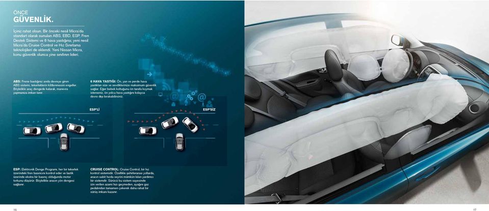 Yeni Nissan Micra, konu güvenlik olunca yine sınıfının lideri. ABS: Frene bastığınız anda devreye giren ABS sistemi, tekerleklerin kilitlenmesini engeller.