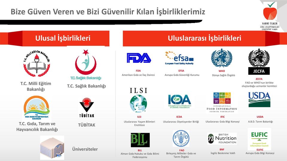 Sağlık Bakanlığı FDA EFSA WHO Amerikan Gıda ve İlaç Dairesi Avrupa Gıda Güvenliği Kurumu Dünya Sağlık Örgütü JECFA JECFA FAO ve WHO nun birlikte oluşturduğu uzmanlar