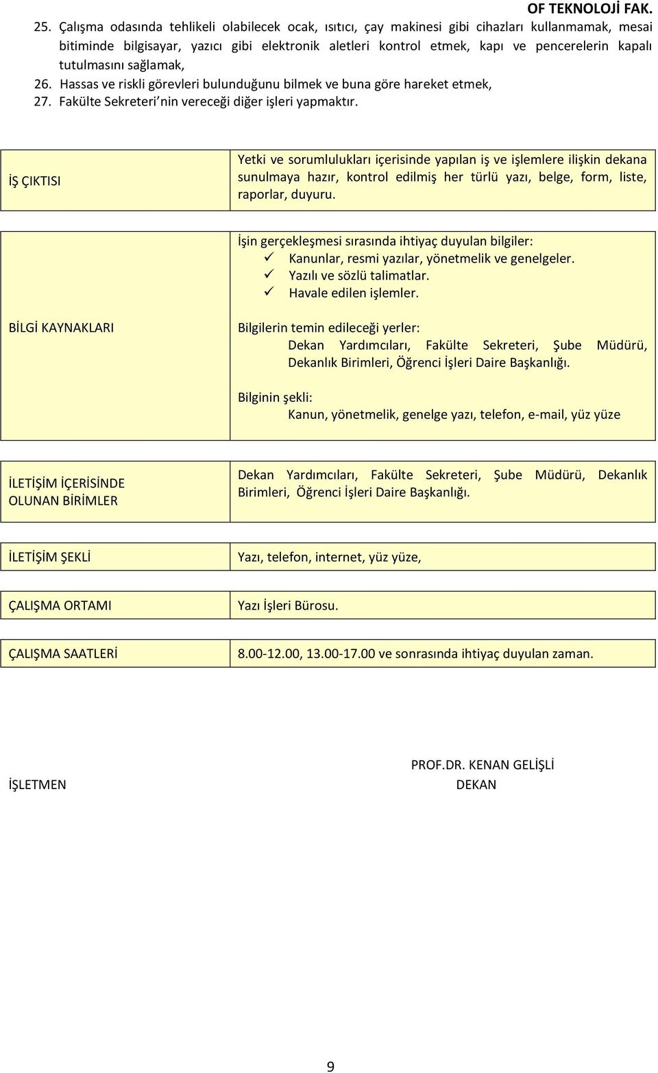 İŞ ÇIKTISI Yetki ve sorumlulukları içerisinde yapılan iş ve işlemlere ilişkin dekana sunulmaya hazır, kontrol edilmiş her türlü yazı, belge, form, liste, raporlar, duyuru.