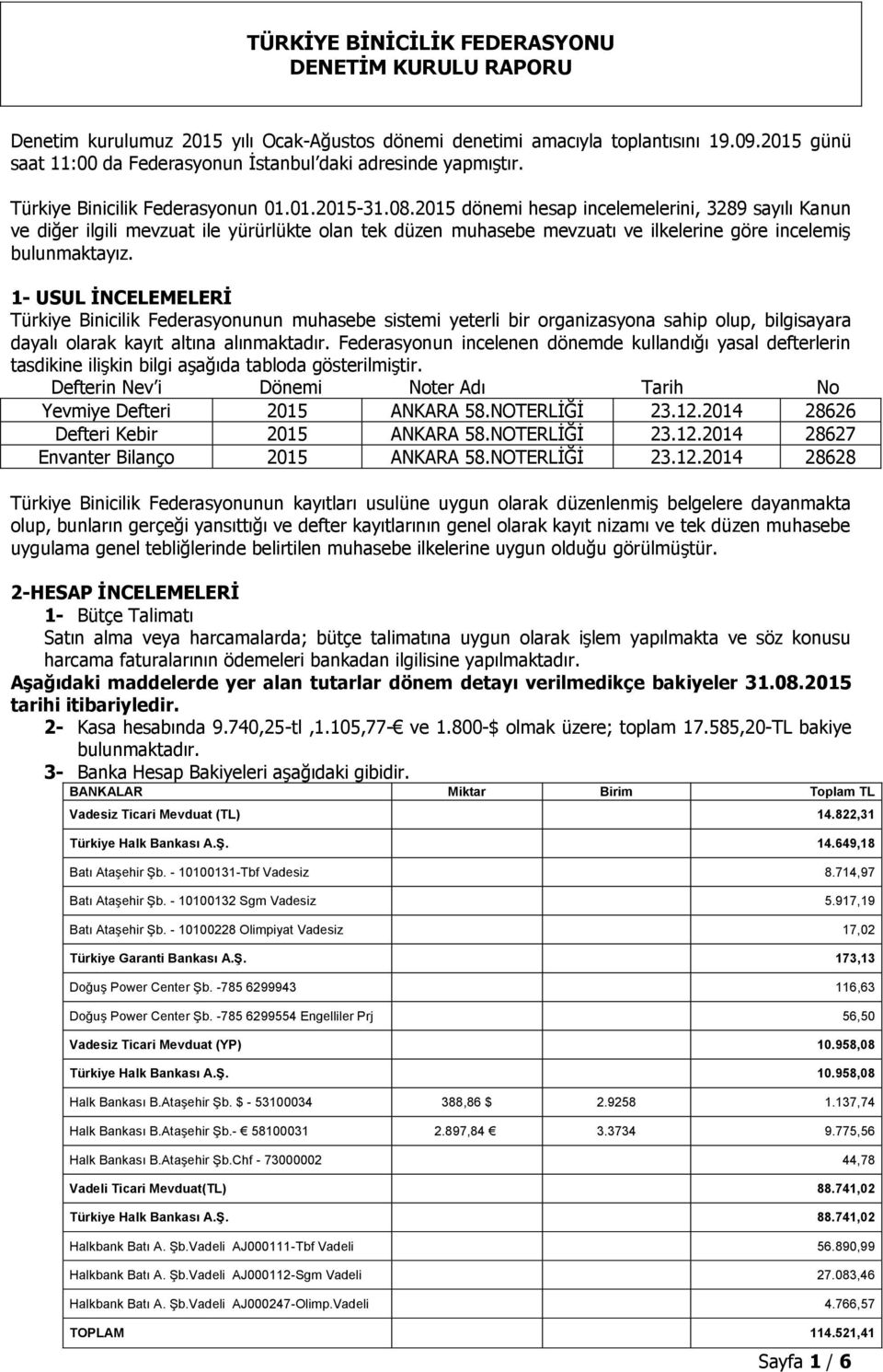 2015 dönemi hesap incelemelerini, 3289 sayılı Kanun ve diğer ilgili mevzuat ile yürürlükte olan tek düzen muhasebe mevzuatı ve ilkelerine göre incelemiş bulunmaktayız.