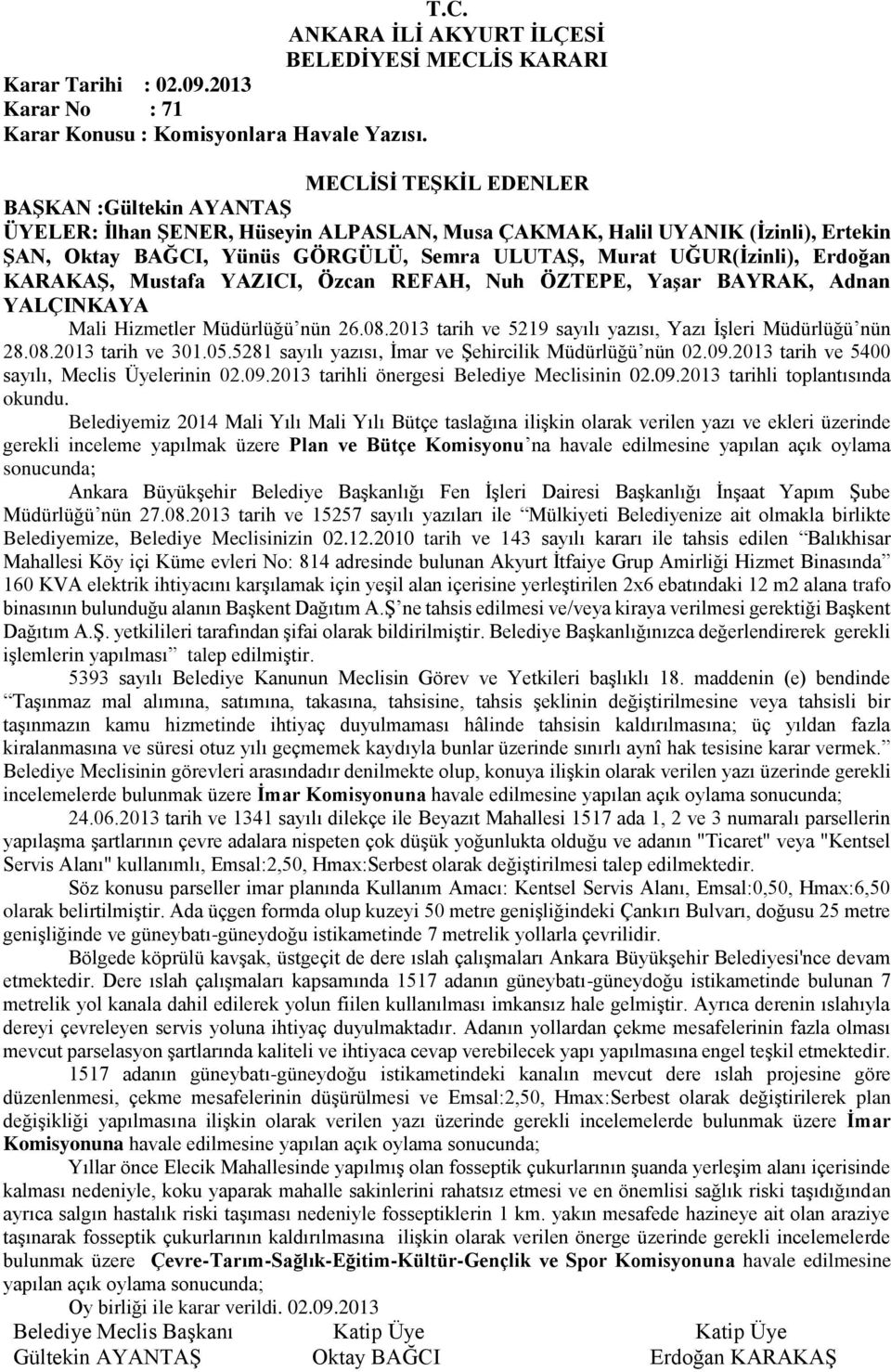 05.5281 sayılı yazısı, İmar ve Şehircilik Müdürlüğü nün 02.09.2013 tarih ve 5400 sayılı, Meclis Üyelerinin 02.09.2013 tarihli önergesi Belediye Meclisinin 02.09.2013 tarihli toplantısında okundu.