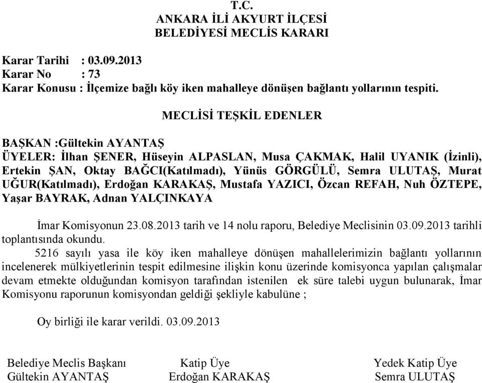 2013 tarih ve 14 nolu raporu, Belediye Meclisinin 03.09.2013 tarihli toplantısında okundu.