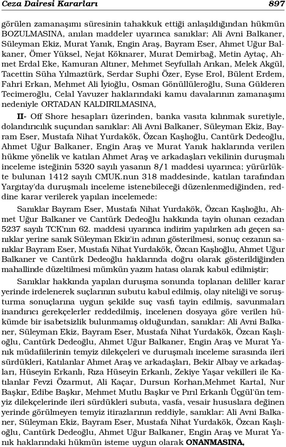 Serdar Suphi Özer, Eyse Erol, Bülent Erdem, Fahri Erkan, Mehmet Ali yio lu, Osman Gönüllülero lu, Suna Gülderen Tecimero lu, Celal Yavuzer haklar ndaki kamu davalar n n zamanafl m nedeniyle ORTADAN