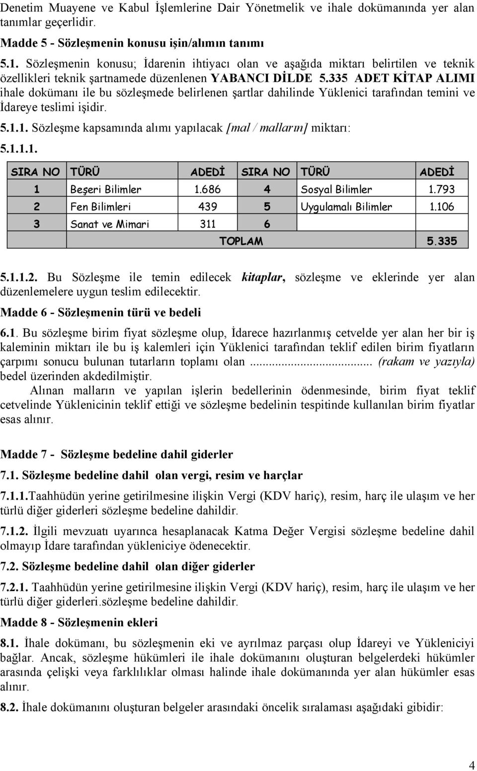 335 ADET KİTAP ALIMI ihale dokümanı ile bu sözleşmede belirlenen şartlar dahilinde Yüklenici tarafından temini ve İdareye teslimi işidir. 5.1.