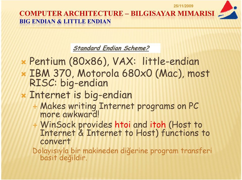 big-endian Internet is big-endian Makes writing Internet programs on PC more awkward!