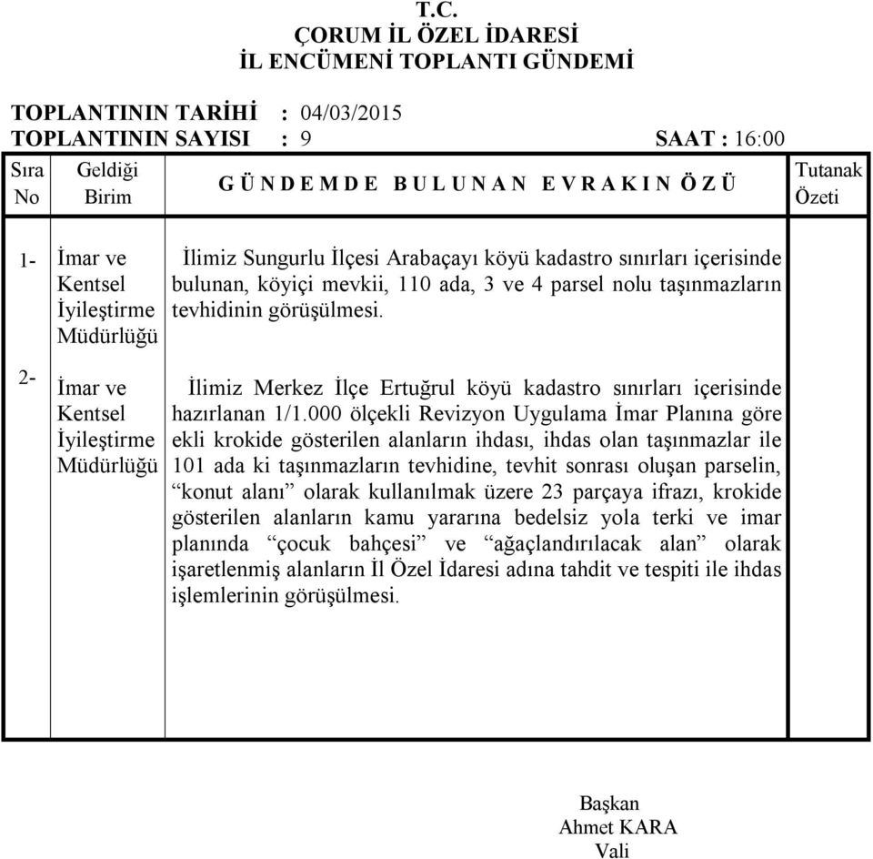 000 ölçekli Revizyon Uygulama İmar Planına göre ekli krokide gösterilen alanların ihdası, ihdas olan taşınmazlar ile 101 ada ki taşınmazların tevhidine, tevhit sonrası oluşan parselin, konut