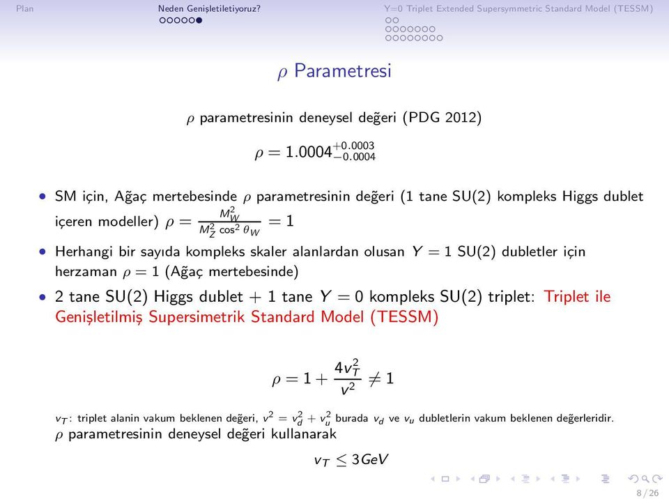 kompleks skaler alanlardan olusan Y = 1 SU(2) dubletler için herzaman ρ = 1 (A gaç mertebesinde) 2 tane SU(2) Higgs dublet + 1 tane Y = 0 kompleks SU(2) triplet: