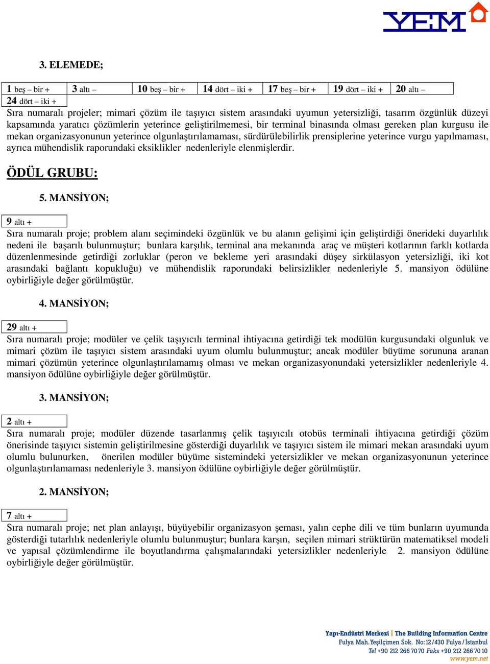 sürdürülebilirlik prensiplerine yeterince vurgu yapılmaması, ayrıca mühendislik raporundaki eksiklikler nedenleriyle elenmişlerdir. ÖDÜL GRUBU: 5.