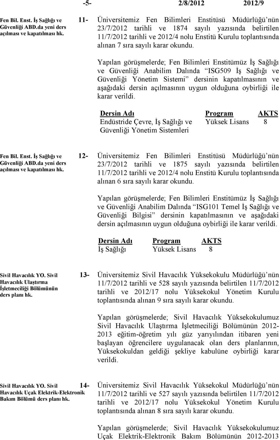 olduğuna oybirliği ile karar Endüstride Çevre, İş Sağlığı ve Yüksek Lisans 8 Güvenliği Yönetim Sistemleri Fen Bil. Enst. İş Sağlığı ve 12- Güvenliği ABD.da yeni ders açılması ve kapatılması hk.