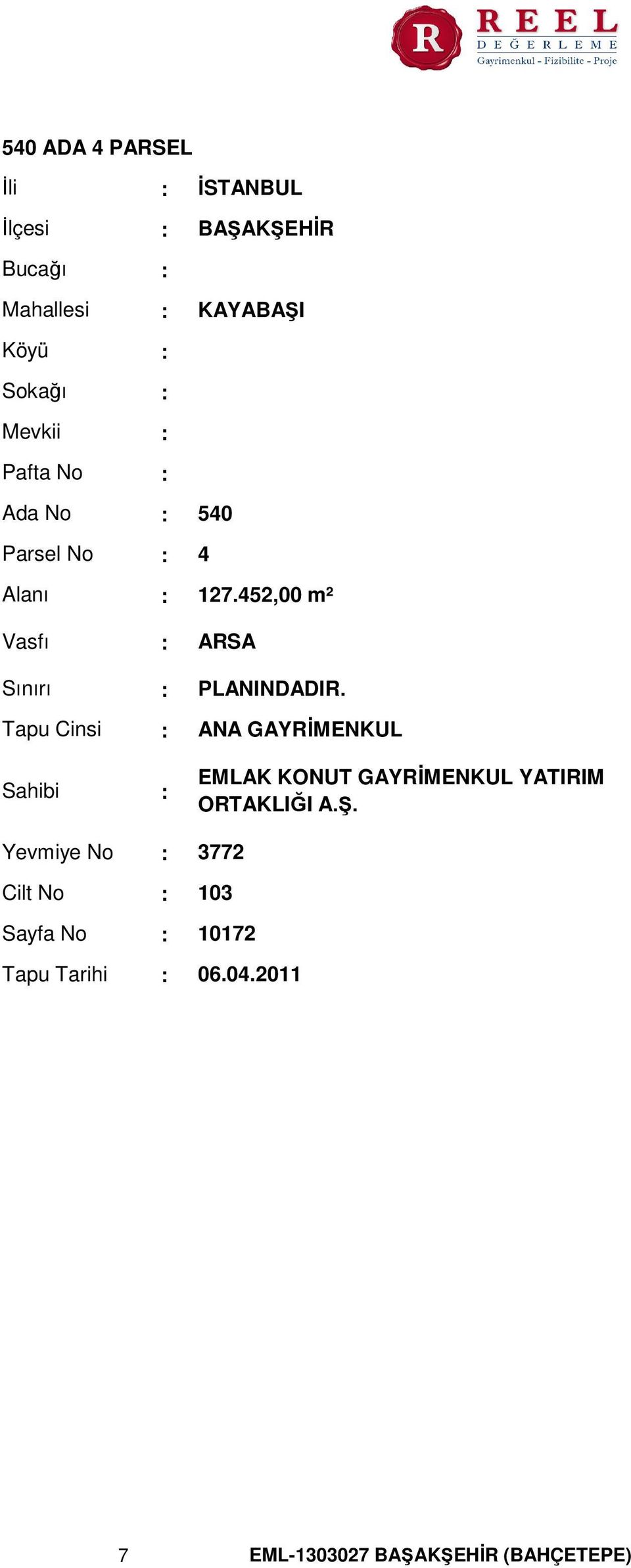 452,00 m² Vasfı Sınırı Tapu Cinsi Sahibi ARSA PLANINDADIR.