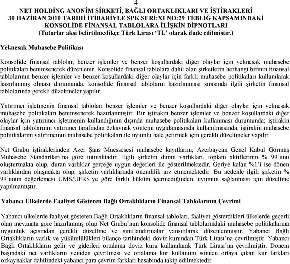 hazırlanmış olması durumunda, konsolide finansal tabloların hazırlanması sırasında ilgili şirketin finansal tablolarında gerekli düzeltmeler yapılır.