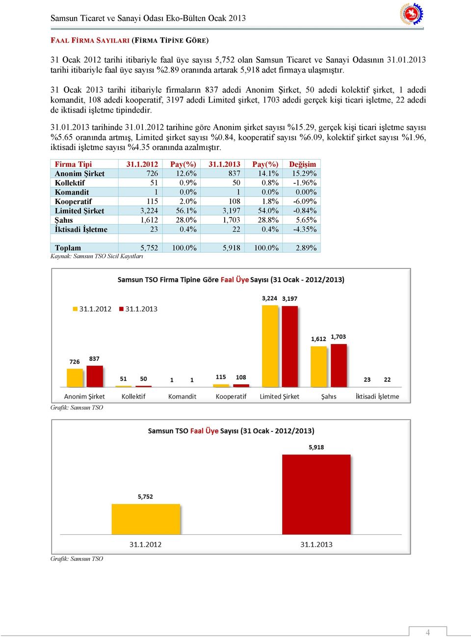 31 Ocak 2013 tarihi itibariyle firmaların 837 adedi Anonim Şirket, 50 adedi kolektif şirket, 1 adedi komandit, 108 adedi kooperatif, 3197 adedi Limited şirket, 1703 adedi gerçek kişi ticari işletme,