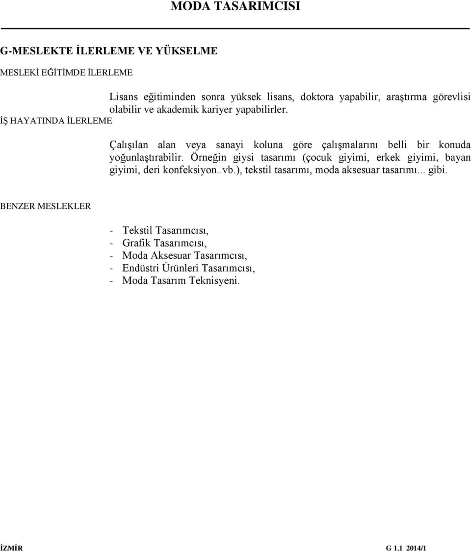 Örneğin giysi tasarımı (çocuk giyimi, erkek giyimi, bayan giyimi, deri konfeksiyon..vb.), tekstil tasarımı, moda aksesuar tasarımı... gibi.