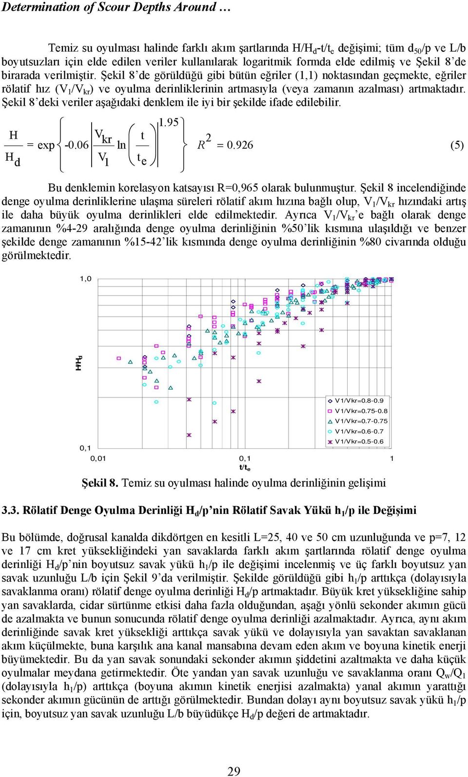 Şekil 8 de görüldüğü gibi bütün eğriler (,) noktasından geçmekte, eğriler rölatif hız (V /V ) ve oyulma derinliklerinin artmasıyla (veya zamanın azalması) artmaktadır.