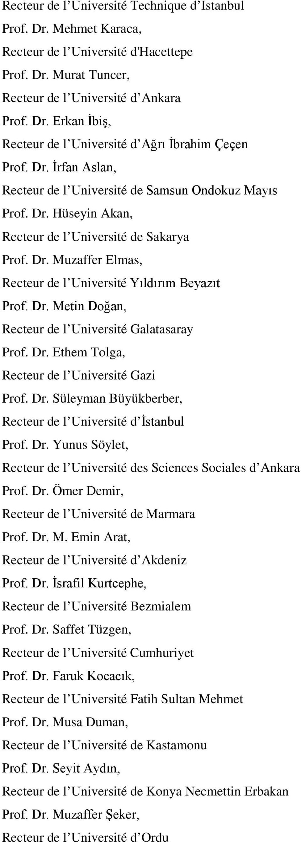 Dr. Ethem Tolga, Recteur de l Université Gazi Prof. Dr. Süleyman Büyükberber, Recteur de l Université d İstanbul Prof. Dr. Yunus Söylet, Recteur de l Université des Sciences Sociales d Ankara Prof.