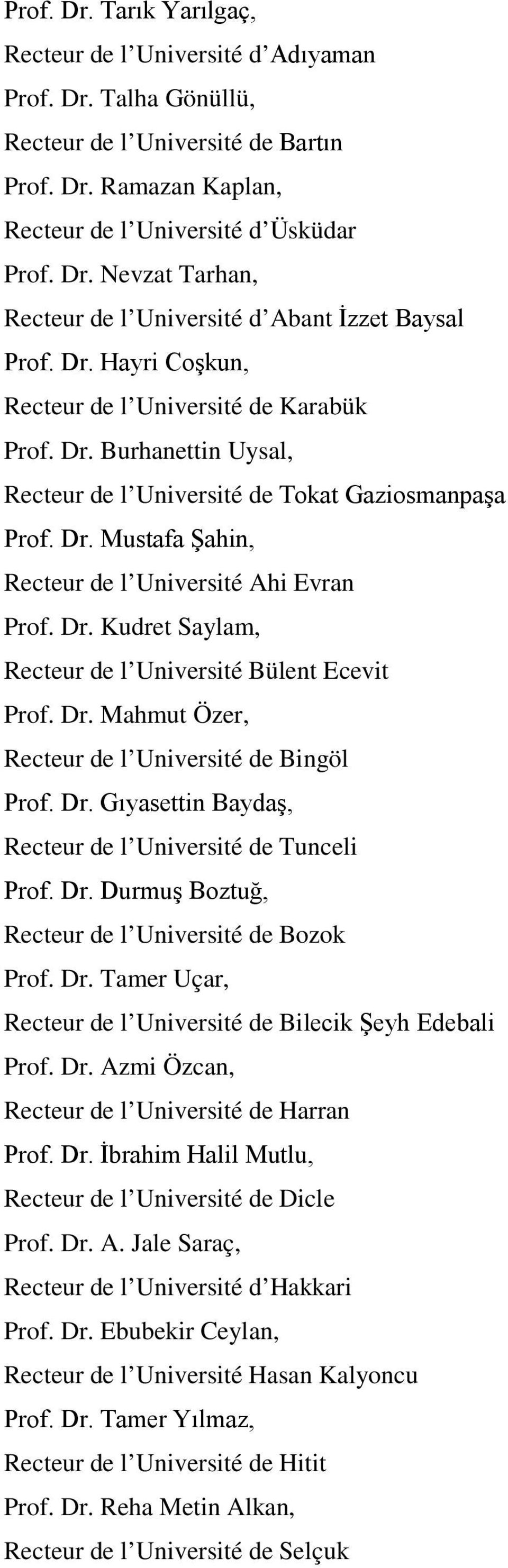 Dr. Mahmut Özer, Recteur de l Université de Bingöl Prof. Dr. Gıyasettin Baydaş, Recteur de l Université de Tunceli Prof. Dr. Durmuş Boztuğ, Recteur de l Université de Bozok Prof. Dr. Tamer Uçar, Recteur de l Université de Bilecik Şeyh Edebali Prof.