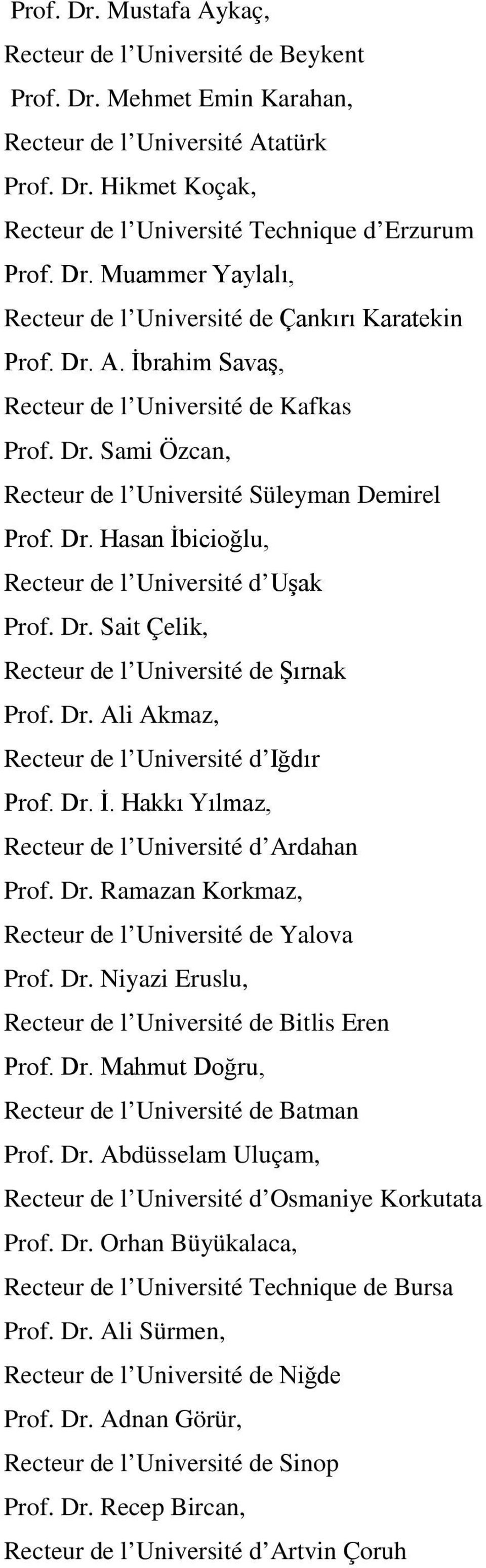 Dr. Ali Akmaz, Recteur de l Université d Iğdır Prof. Dr. İ. Hakkı Yılmaz, Recteur de l Université d Ardahan Prof. Dr. Ramazan Korkmaz, Recteur de l Université de Yalova Prof. Dr. Niyazi Eruslu, Recteur de l Université de Bitlis Eren Prof.