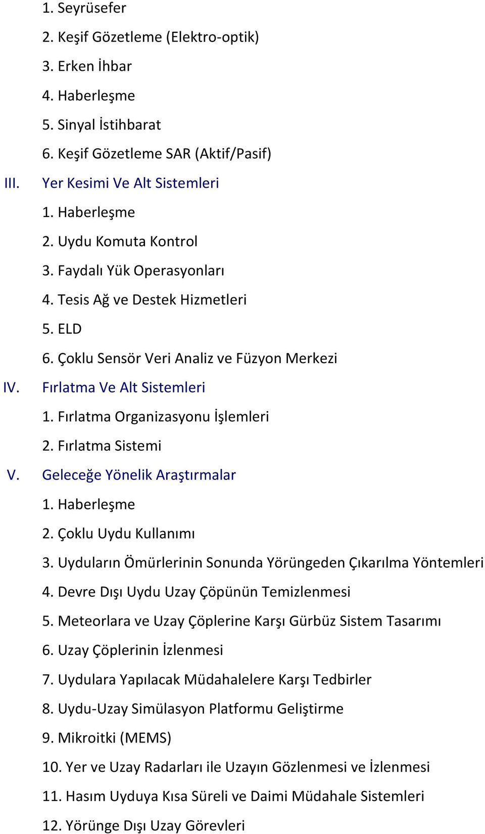 Fırlatma Organizasyonu İşlemleri 2. Fırlatma Sistemi V. Geleceğe Yönelik Araştırmalar 1. Haberleşme 2. Çoklu Uydu Kullanımı 3. Uyduların Ömürlerinin Sonunda Yörüngeden Çıkarılma Yöntemleri 4.