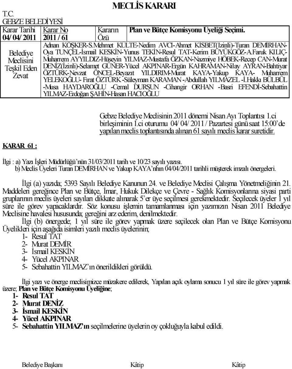 Ġlgi (a) yazıda; 5393 Sayılı Kanunun 24. ve Meclisi ÇalıĢma Yönetmeliğinin 21.