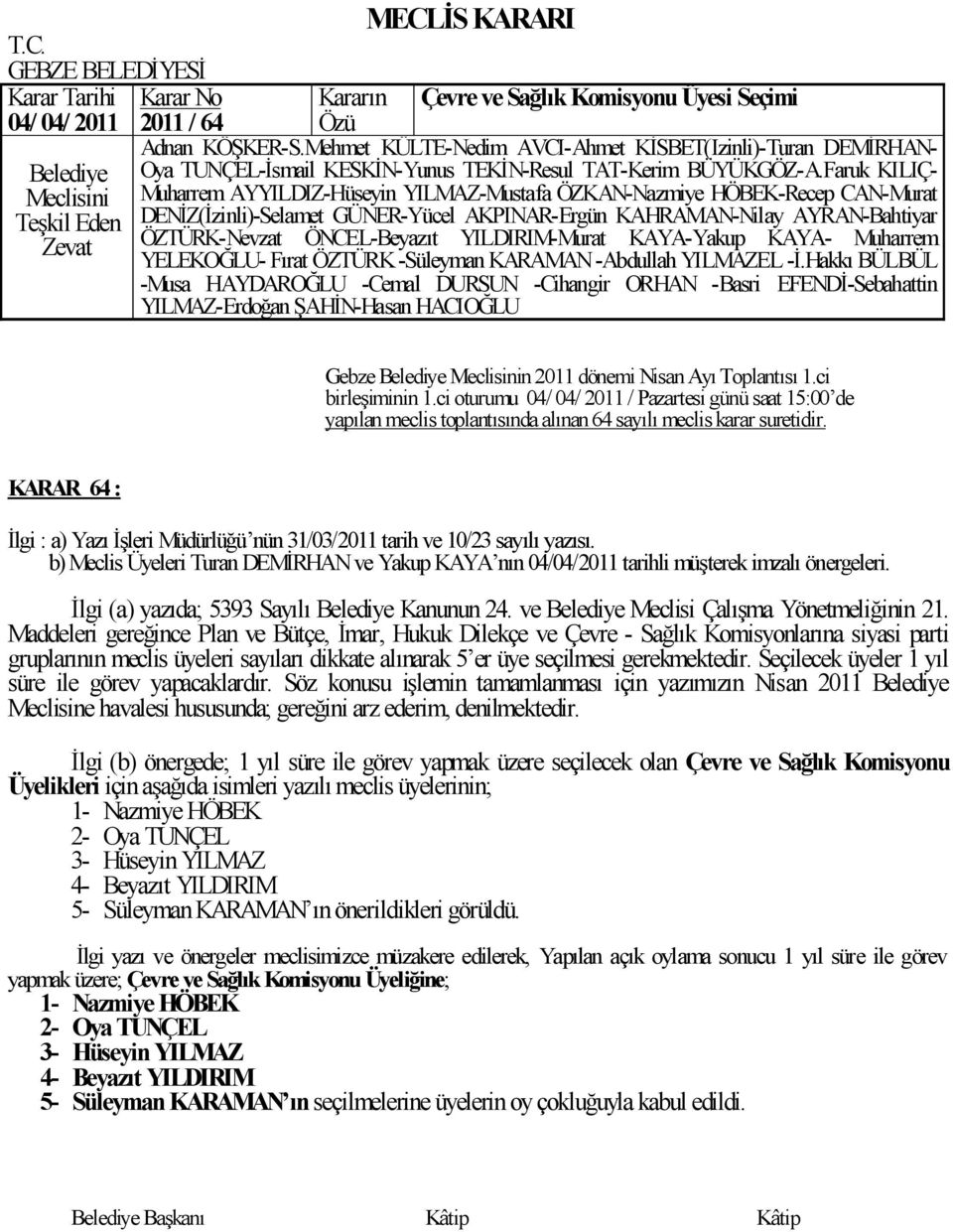 Ġlgi (a) yazıda; 5393 Sayılı Kanunun 24. ve Meclisi ÇalıĢma Yönetmeliğinin 21.