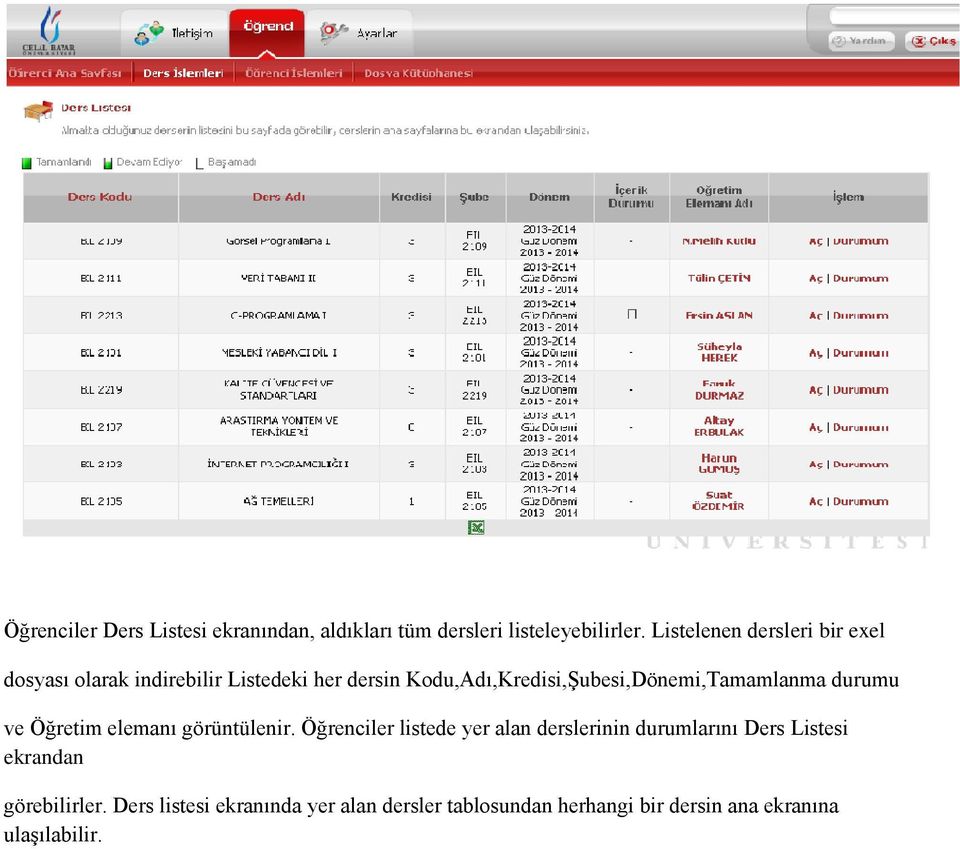 Kodu,Adı,Kredisi,Şubesi,Dönemi,Tamamlanma durumu ve Öğretim elemanı görüntülenir.