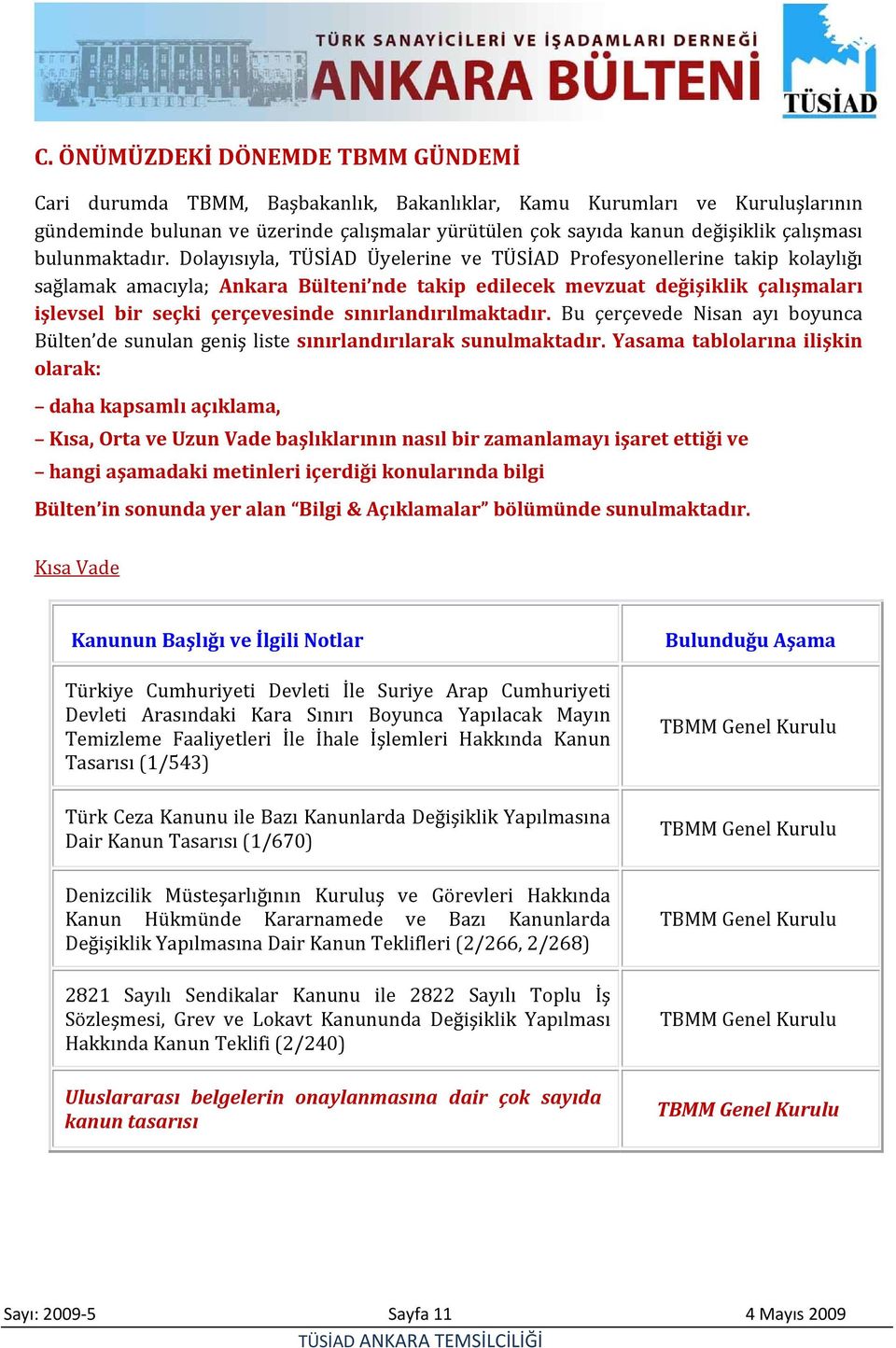 Dolayısıyla, TÜSİAD Üyelerine ve TÜSİAD Profesyonellerine takip kolaylığı sağlamak amacıyla; Ankara Bülteni nde takip edilecek mevzuat değişiklik çalışmaları işlevsel bir seçki çerçevesinde