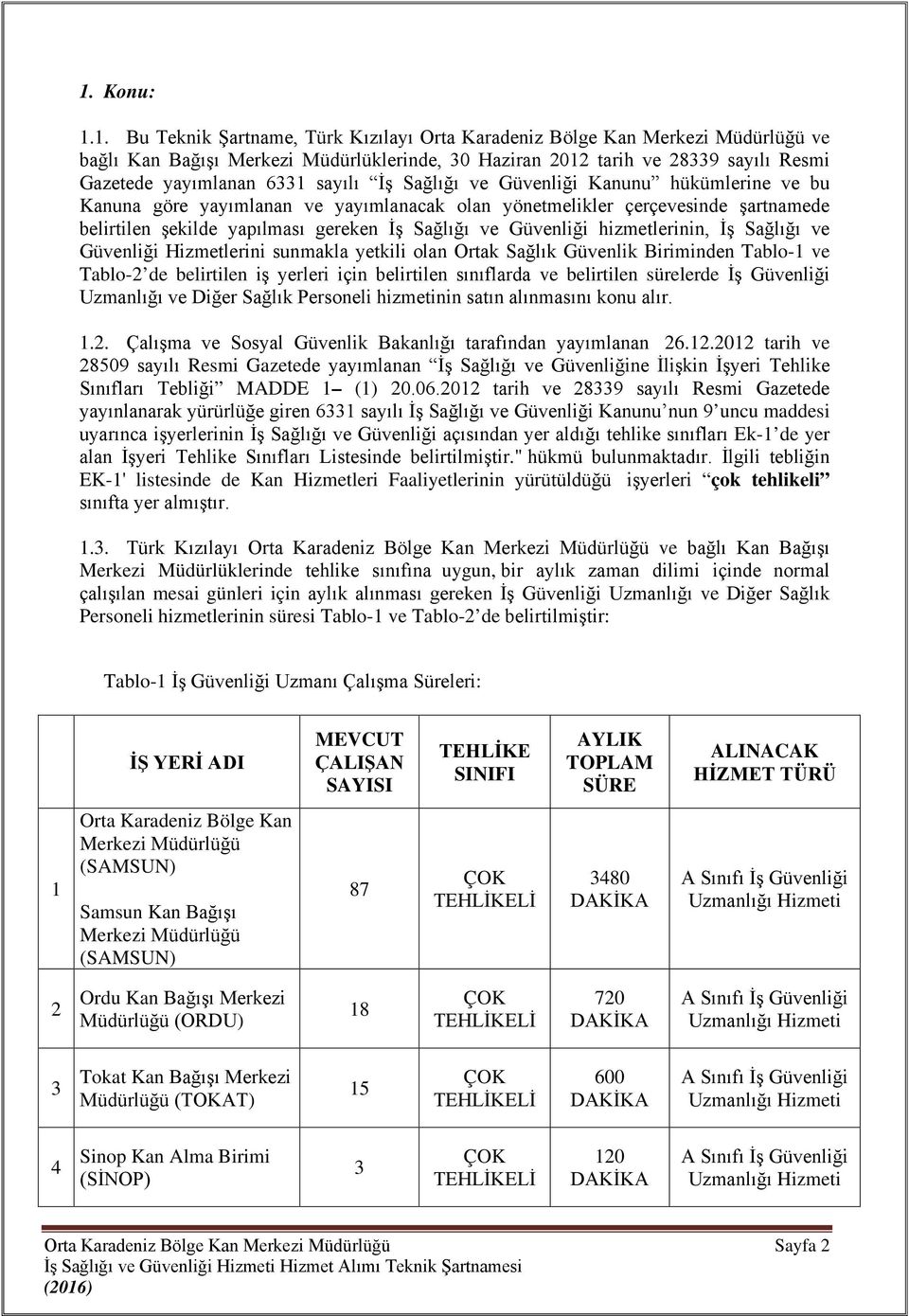 Güvenliği hizmetlerinin, İş Sağlığı ve Güvenliği Hizmetlerini sunmakla yetkili olan Ortak Sağlık Güvenlik Biriminden Tablo-1 ve Tablo-2 de belirtilen iş yerleri için belirtilen sınıflarda ve