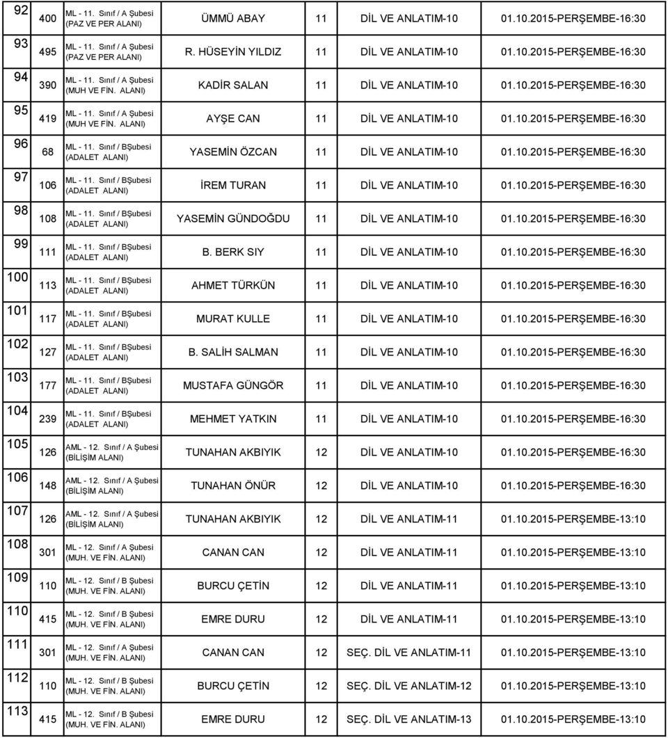 HÜSEYİN YILDIZ 11 DİL VE ANLATIM-10 01.10.2015-PERŞEMBE-16:30 KADİR SALAN 11 DİL VE ANLATIM-10 01.10.2015-PERŞEMBE-16:30 AYŞE CAN 11 DİL VE ANLATIM-10 01.10.2015-PERŞEMBE-16:30 YASEMİN ÖZCAN 11 DİL VE ANLATIM-10 01.