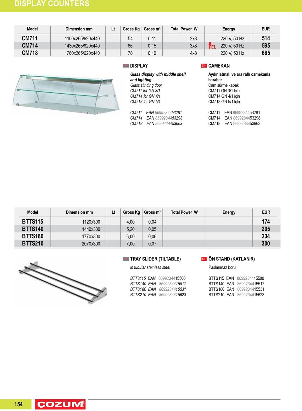 CM714 EAN 8699234453298 CM718 EAN 8699234453663 BTTS115 1120x300 4,00 0,04 BTTS140 1440x300 5,20 0,05 BTTS180 1770x300 6,00 0,06 BTTS210 2070x300 7,00 0,07 174 205 234 300 TRAY SLIDER (TILTABLE) in