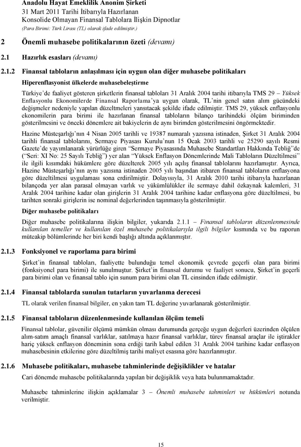 2 Finansal tabloların anlaģılması için uygun olan diğer muhasebe politikaları Hiperenflasyonist ülkelerde muhasebeleģtirme Türkiye de faaliyet gösteren Ģirketlerin finansal tabloları 31 Aralık 2004